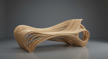 Depict a uniquely designed bench made from light-hued wooden strips arranged in a curvilinear, openwork pattern. The sculpture sits on a polished grey surface within a minimalist room.