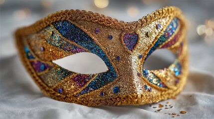 Mardi Gras mask with glittery sunglasses on dreamy white backdrop, carnival party, festive extravaganza