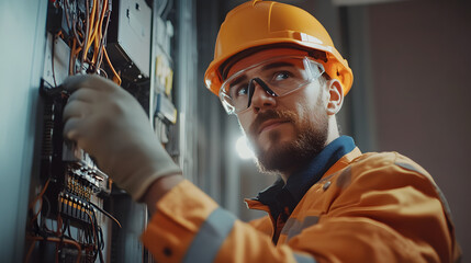 A focused electrician in modern safety gear analyzes intricate wiring, radiating determination and expertise.