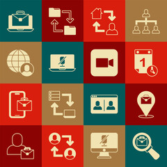 Set Magnifying glass with briefcase, Online working, Time management, Mute microphone on laptop, Freelancer, and Camera icon. Vector