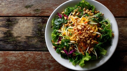 Vietnamese jackfruit salad goi mit non shredded pork peanuts and fresh greens top down picnic table view under trees