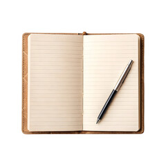 Open paper notebook with pen isolated on a transparent background