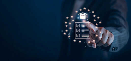 Hand touching digital certificate icon on transparent interface screen background. Virtual certificate icon