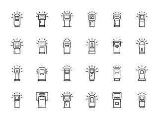 Comprehensive Set of 24 Digital Kiosk, ATM, Self-Service Machine, Payment terminal, and Information Stand Line Icons for Modern Transactions, Customer Service, and Public Spaces