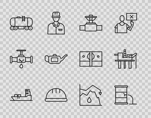 Set line Oil tanker ship, Barrel oil leak, Industry pipe and valve, Worker safety helmet, railway cistern, Canister for motor, Drop in crude price and platform the sea icon. Vector
