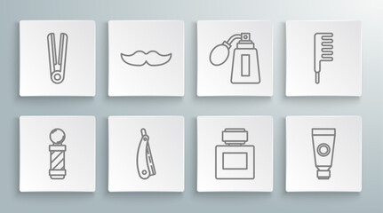 Set line Classic Barber shop pole, Mustache, Straight razor, Aftershave, Cream lotion cosmetic tube, bottle with atomizer, Hairbrush and Curling iron for hair icon. Vector