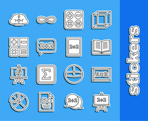 Set line Calculator, Calculation, Equation solution, Square root, Graph, schedule, chart, diagram, Feather and inkwell, and icon. Vector