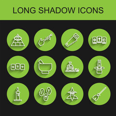 Set line Burning candle in candlestick, Magic runes, Masons, Wizard warlock, Witches broom, mortar pestle, Magician hat rabbit and cauldron magic stone icon. Vector