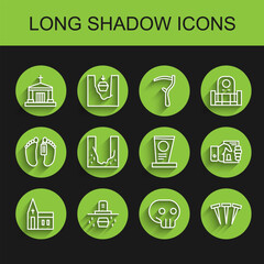 Set line Church building, Grave with coffin, Old crypt, Skull, Metallic nails, Cemetery digged grave hole, Death certificate hand and tombstone icon. Vector