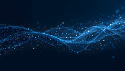 Abstract blue digital wave of particles and lines on a dark background
