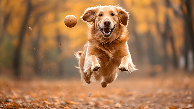 Golden retriever dog jumping happily in the air catching a ball - Powered by Adobe