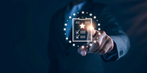 Hand touching digital certificate icon on transparent interface screen background. Virtual certificate icon