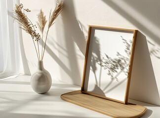 Vertical wooden frame mockup poster leaning on the wall for artwork, photo, print and painting presentation