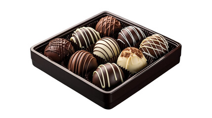 Assorted chocolate truffles box, dark and white sweets, rich cocoa gift, mint candy luxury food, isolated on transparent background.