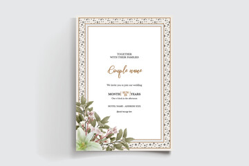 WEDDING INVITATION FRAME WITH FLOWER DECORATIONS AND FRESH LEAVES