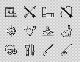 Set line Hunt on bear with crosshairs, Hunter knife, Cartridges, Flashlight and, boots, Moose head horns, Hunting gun and Rabbit icon. Vector