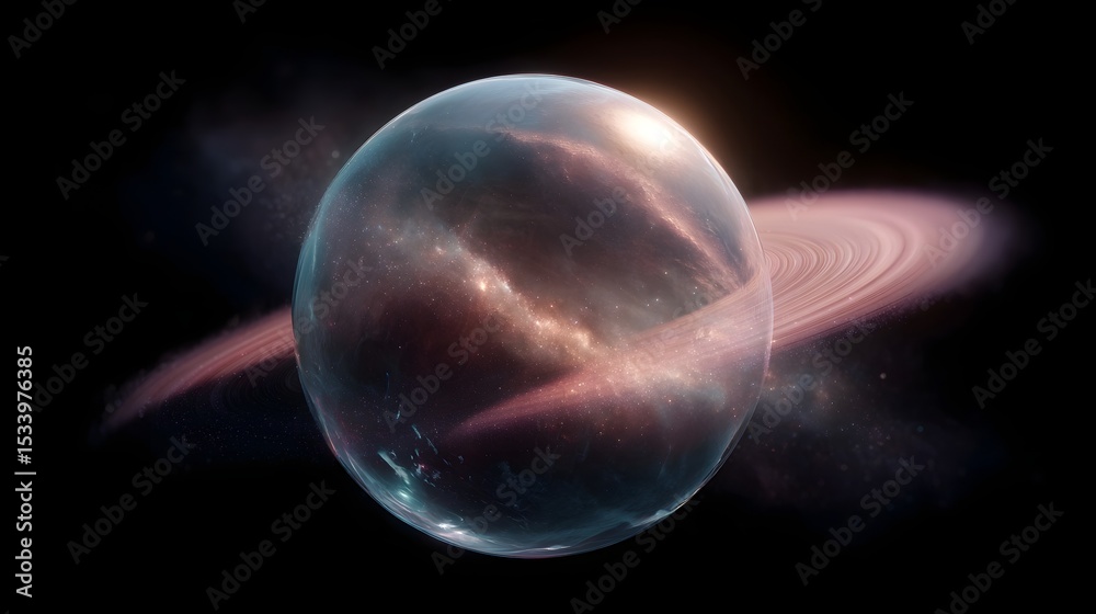 Sticker a single planet with rings rotating inside a translucent holographic sphere