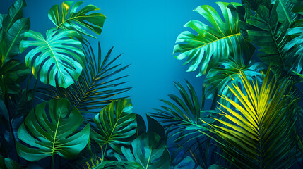 Green and Blue Neon Light with Tropical Leaves 