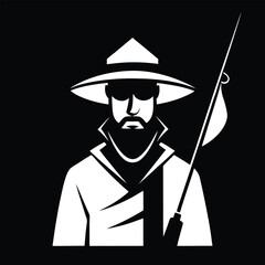 Silhouette of Cowboy Fisherman Holding Fishing Rod Illustration