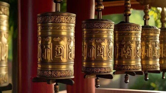 Several metallic golden prayer wheels hanging outside in a row with intricate details of the carving on each wheel in sunlight and greenery