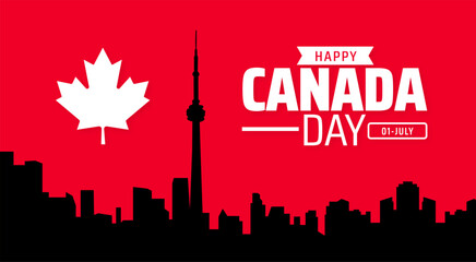 Happy Canada Day Banner or background Flat Vector Design with Maple Leaf, CN Tower, and City Skyline on Red Background for July 1st National Celebration.