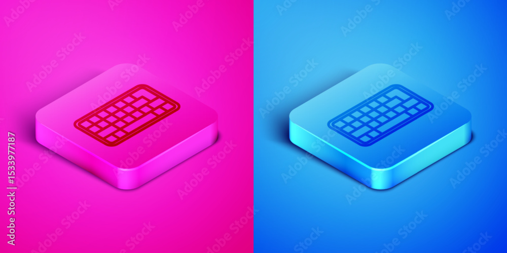 Poster isometric line computer keyboard icon isolated on pink and blue background. pc component sign. squar