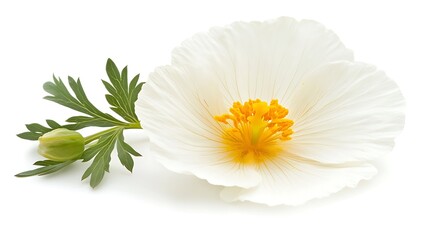 Fototapeta premium Elegant Matilija Poppy Flower with Bud and Green Leaves on White Background