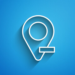 White line Map pin icon isolated on blue background. Navigation, pointer, location, map, gps, direction, place, compass, search concept. Long shadow. Vector