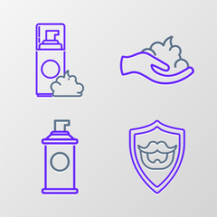 Set line Mustache and beard on shield, Shaving gel foam, hand and icon. Vector