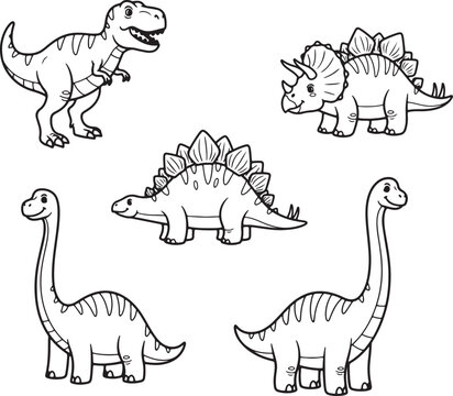 Adorable cartoon dinosaurs collection in black and white outlines for coloring pages or children's education