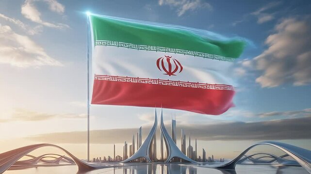 iran flag waving over azadi tower with cloudy blue skies in the background