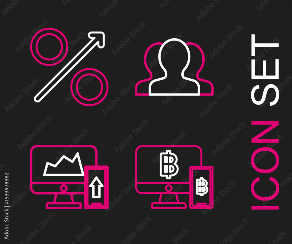 Poster set line computer monitor with mobile phone and bitcoin, financial chart graph the computer, users g