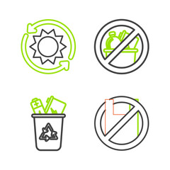 Set line Say no to plastic bags poster, Recycle bin with recycle symbol, No trash and Solar energy panel icon. Vector