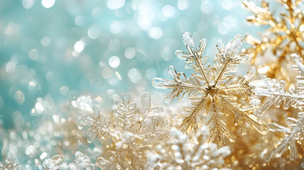 Glistening snowflakes dance, light teal and gold unite, creating an ethereal winter canvas