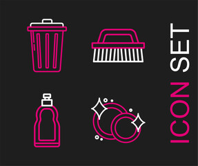 Set line Washing dishes, Plastic bottles for liquid dishwashing liquid, Brush cleaning and Trash can icon. Vector