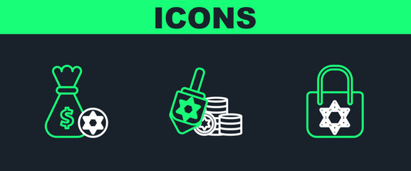 Set line Shopping bag with star of david, Jewish money and coin and Hanukkah dreidel icon. Vector