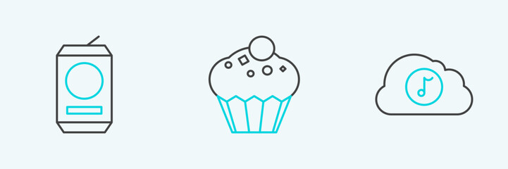 Set line Music streaming service, Beer can and Muffin icon. Vector
