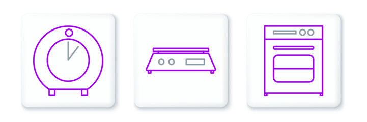 Obraz premium Set line Oven, Kitchen timer and Electronic scales icon. Vector