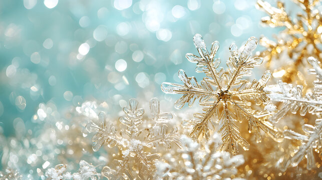 Glistening snowflakes dance, light teal and gold unite, creating an ethereal winter canvas
