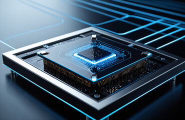 Futuristic Microchip &ndash; Close-up of a Glowing Processor on a Technological Background