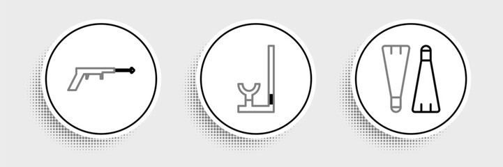Set line Rubber flippers for swimming, Fishing harpoon and Snorkel icon. Vector © Oksana