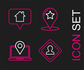 Set line Road traffic sign, Laptop with location marker, Map pointer star and house icon. Vector