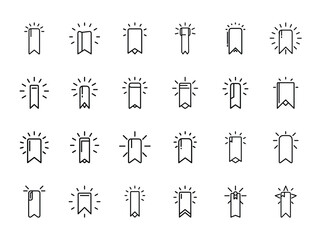 Comprehensive Set of 24 Bookmark and Ribbon Line Icons, Highlighted Tag, Bookmark Indicator, Awards Ribbon, page marker, and Digital Label Graphics