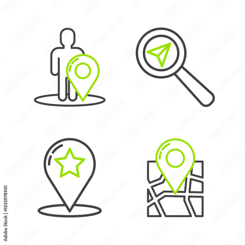Poster set line folded map with location marker, map pointer star, search and silhouette of person icon. ve