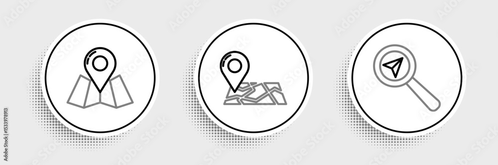 Poster set line search location, folded map with marker and icon. vector
