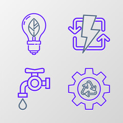 Set line Recycle symbol and gear, Water tap, Recharging and Light bulb with leaf icon. Vector
