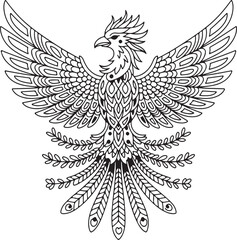 Obraz premium Elegant black and white phoenix bird with open wings illustrating mythological art for creative designs