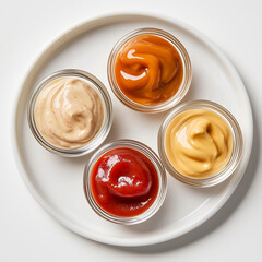 ketchup and sauces on white background