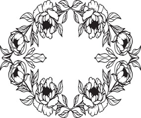Elegant floral wreath featuring outlined peony flowers and leaves suitable for decorative design elements
