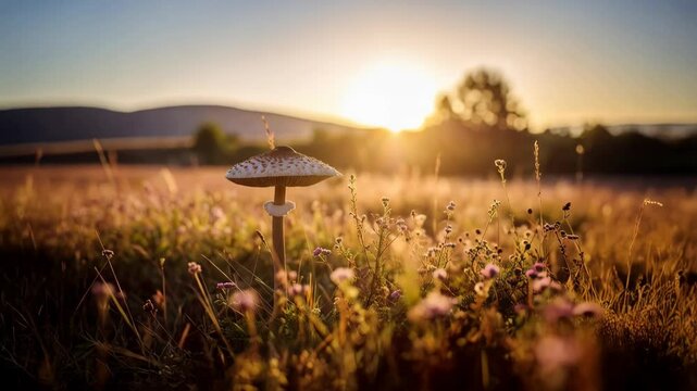Parasol mushroom stands in a meadow filled with wildflowers at sunset casting long shadows in a nature setting.